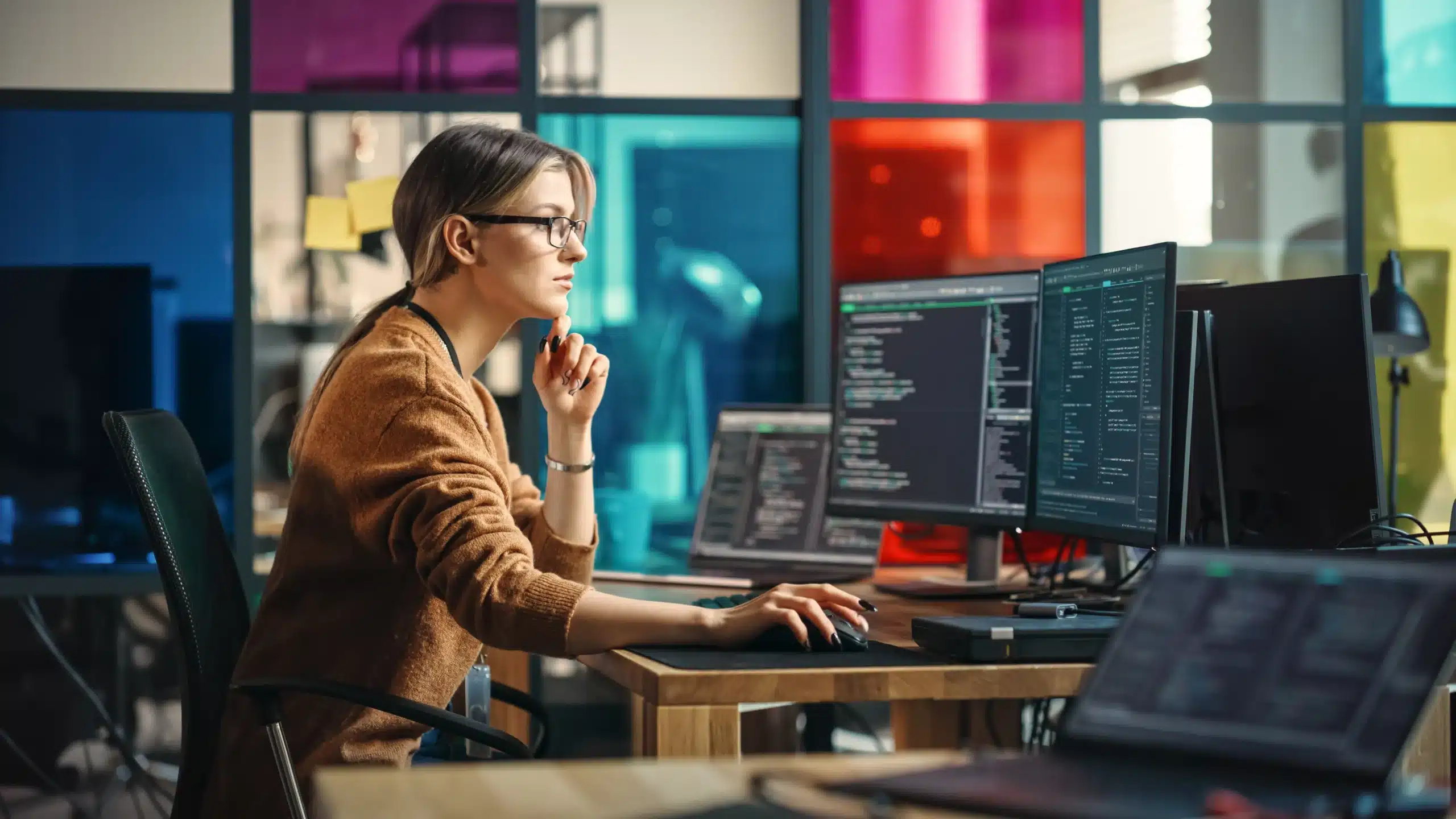 Girl focusing on coding and a desktop computer