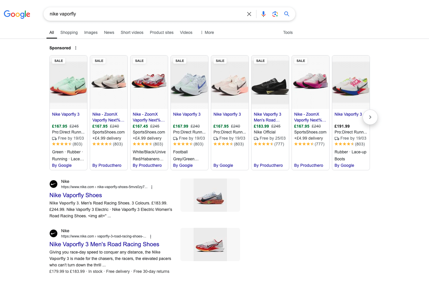 Google search of Nike Vapourflys showing sponsored ads for Nike Vapourflys