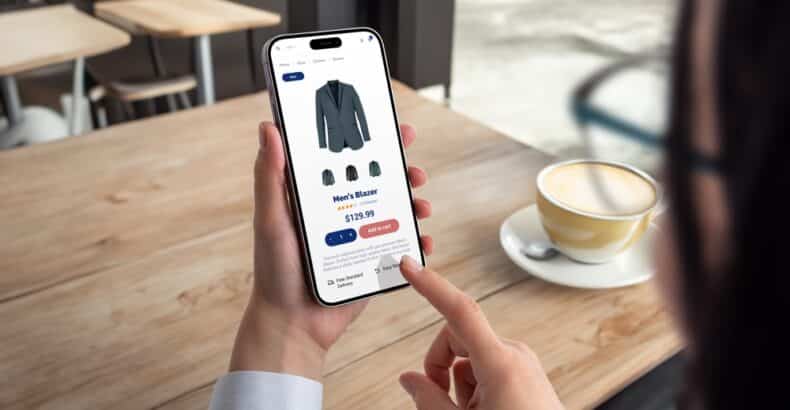 Women shopping on a modern ecommerce mobile website, clicking the CTA