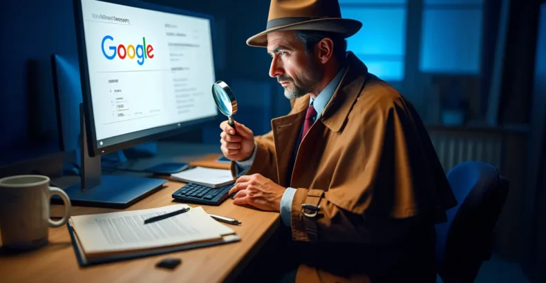 A detective looking at a computer screen with the Google logo
