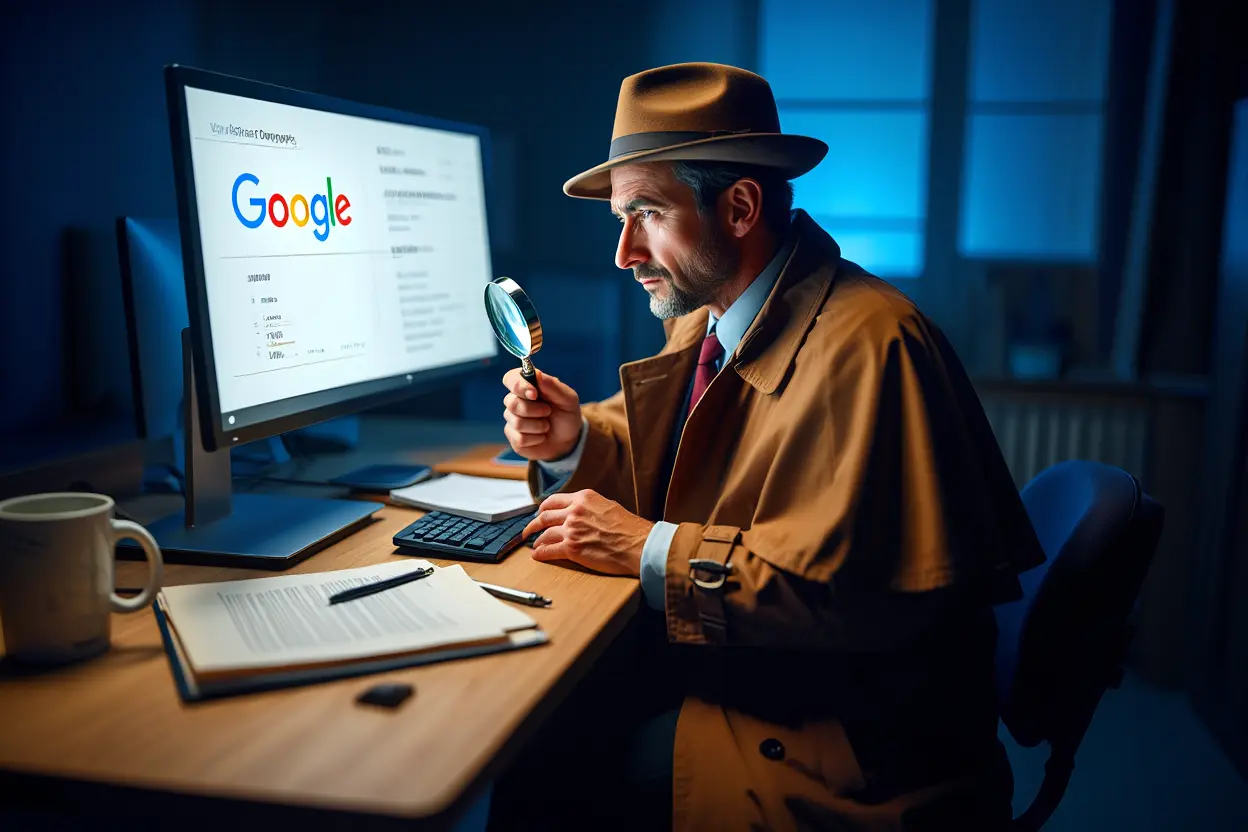 A detective looking at a computer screen with the Google logo