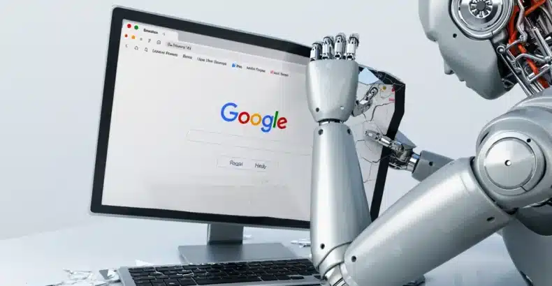 AI Robot breaking a computer screen with Google logo