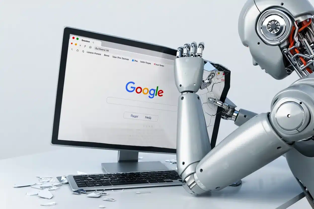AI Robot breaking a computer screen with Google logo