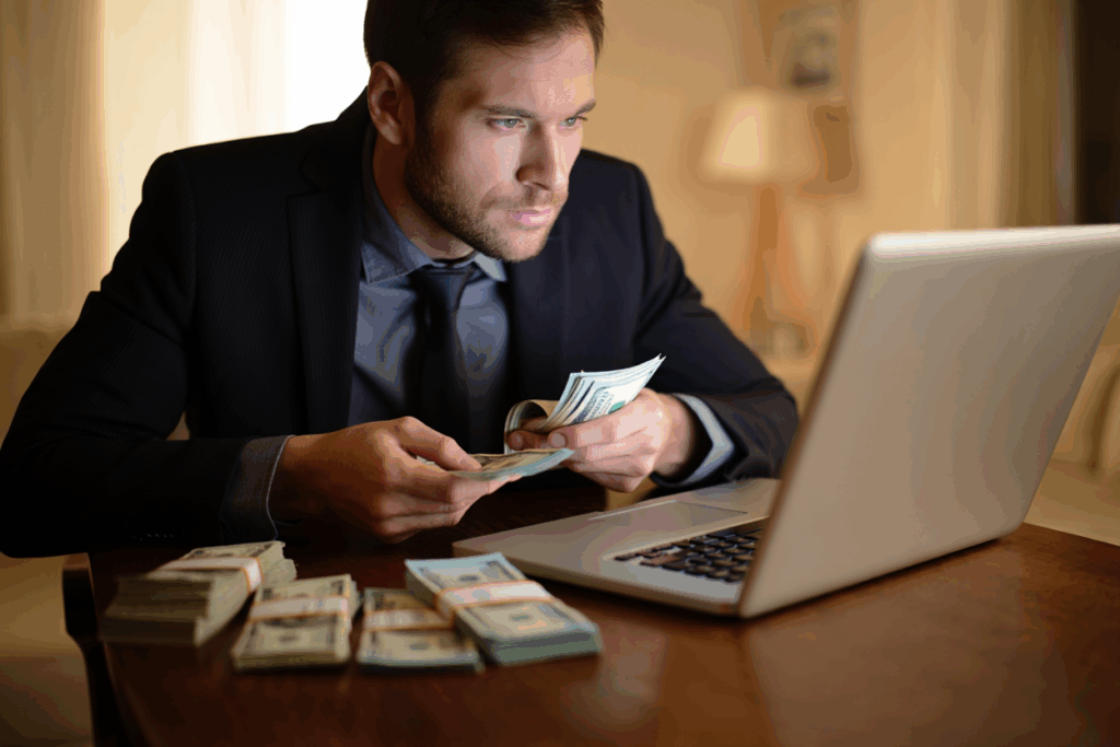 man looking at a laptop with cash in his hand
