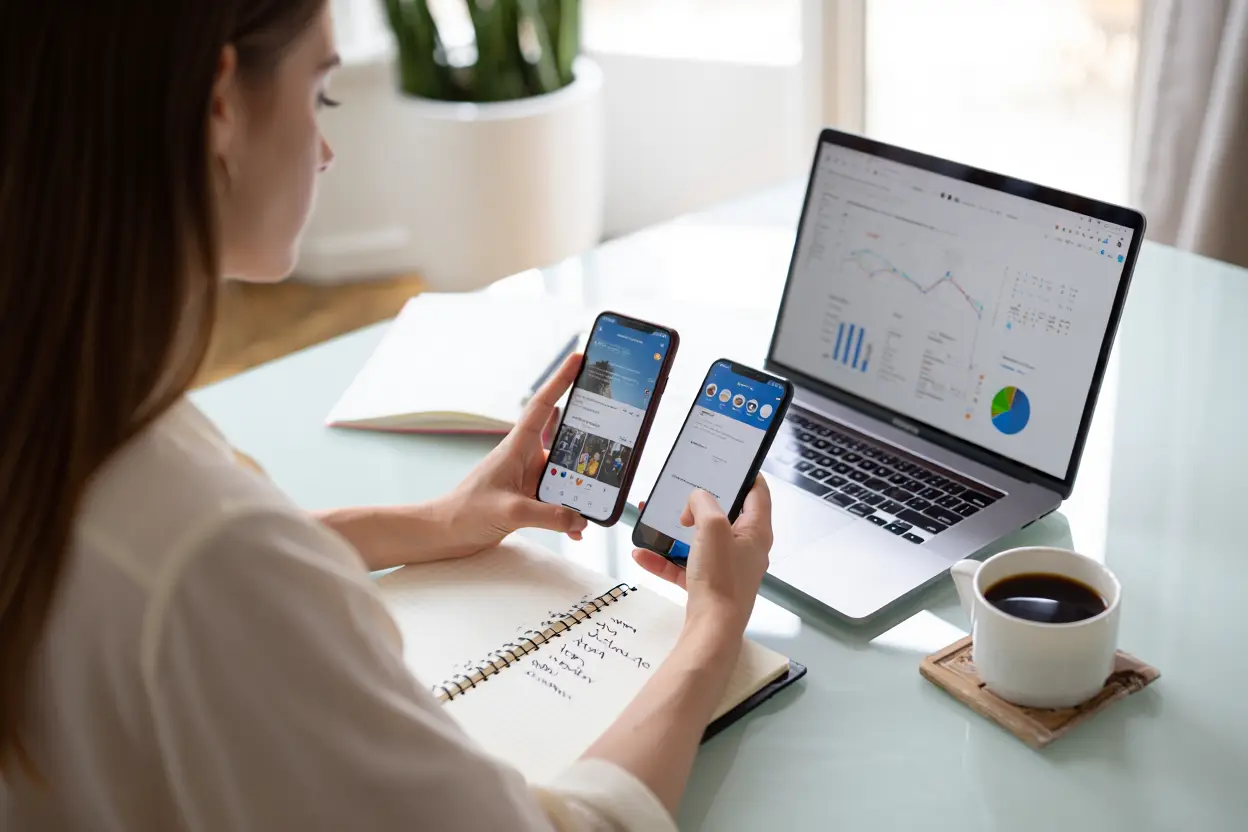 Person holding two mobile phones in front of a laptop