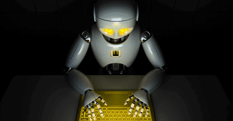 Robot typing on a illuminated keyboard