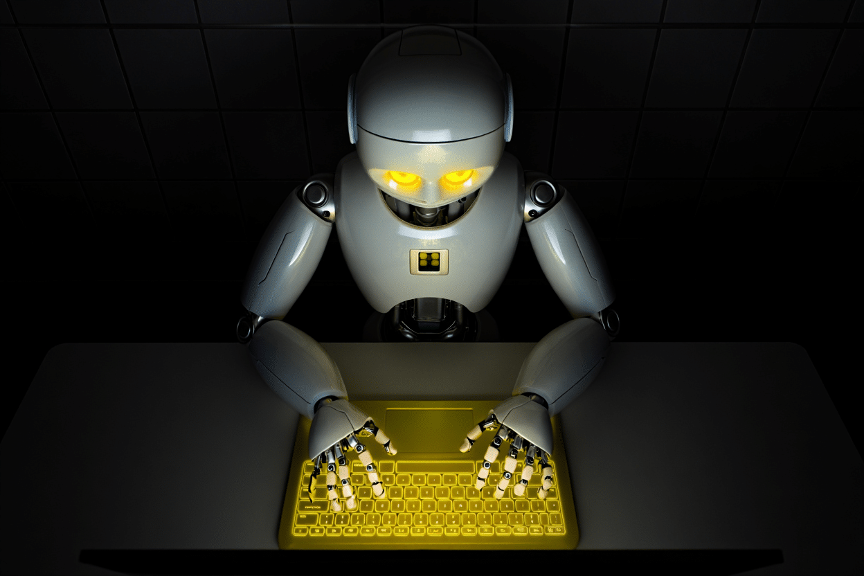 Robot typing on a illuminated keyboard