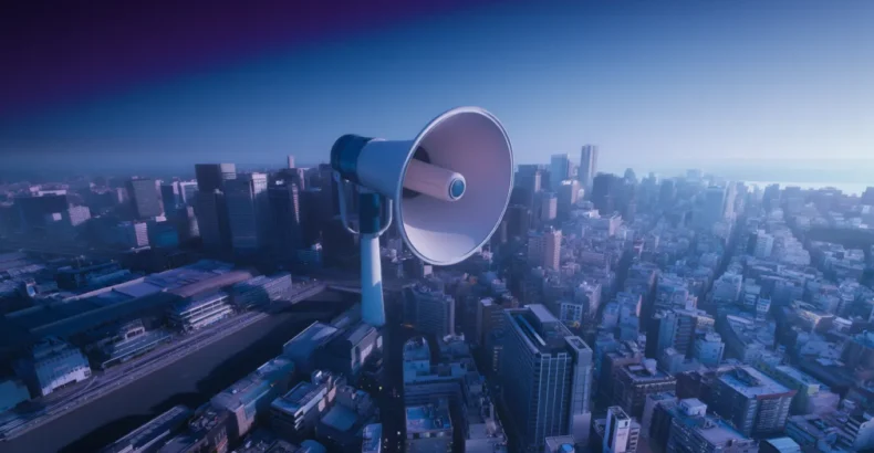 Megaphone towering over a city